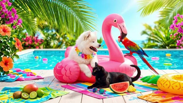 Samoyed puppy and black cat lounging on pink flamingo float in swimming pool. Summer pet vacation and relaxation concept in colorful paradise setting