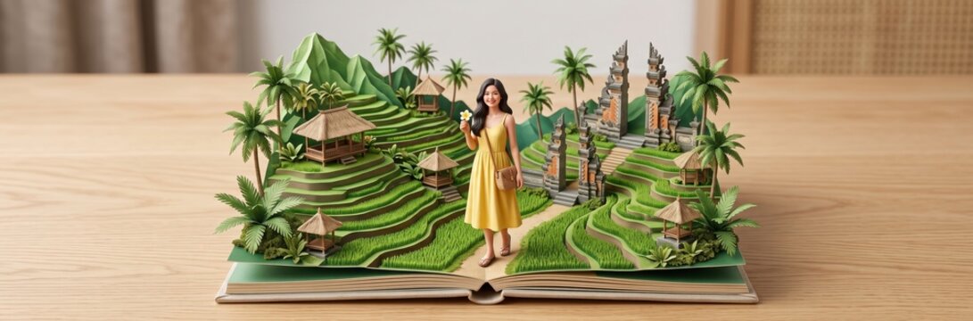 Miniature 3D paper pop-up book featuring a tropical landscape and a woman in yellow dress