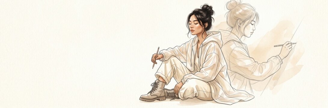 Woman sitting and drawing in a minimalist watercolor sketch style illustration.