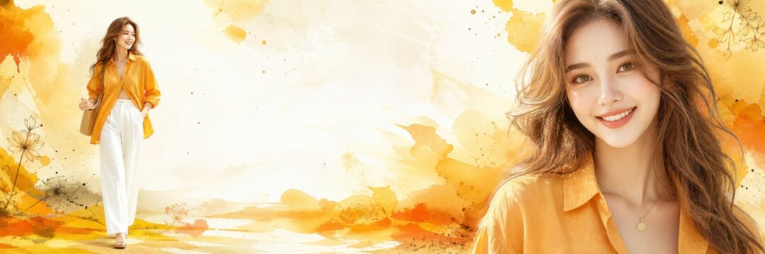 Young woman with curly hair in yellow shirt posing in sunny autumn landscape