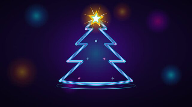 Glowing Neon Christmas Tree Animation with Sparkling Star on Dark Background