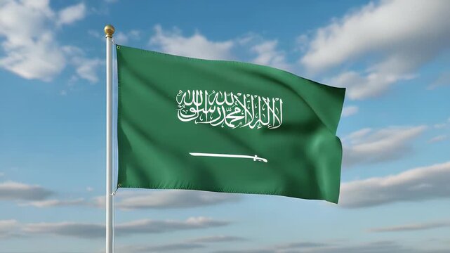 The national flag of Saudi Arabia waving gracefully on a flagpole against a bright blue sky with clouds.