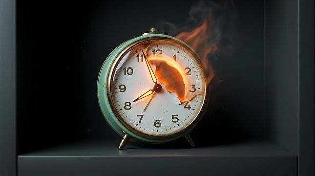 Burning vintage alarm clock with smoke