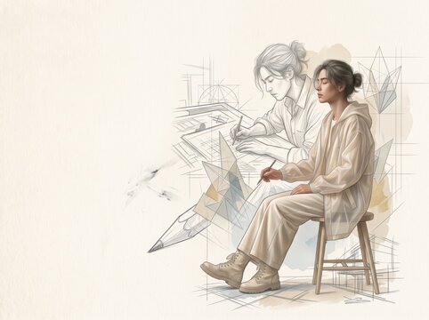Young woman artist sketching on paper with abstract pencil drawing background illustration