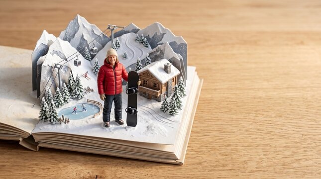 Miniature snowboarder standing on an open book with a snowy mountain landscape diorama.