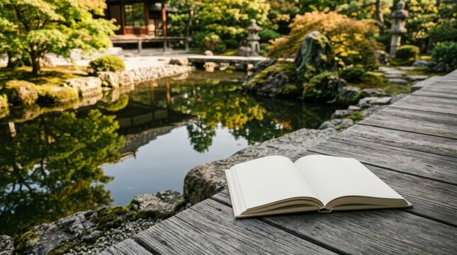 Open book on a wooden deck by a traditional Zen garden pond