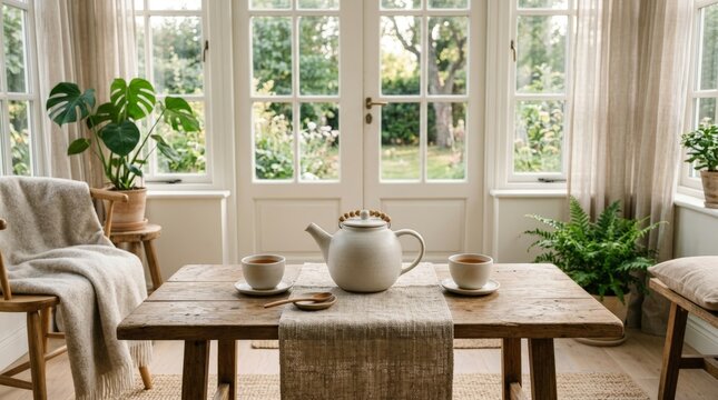 Sunlit dining room with wooden furniture and traditional tea set