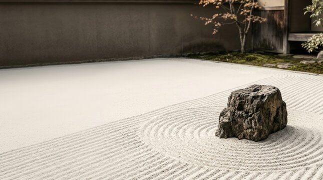 Traditional zen sand garden with raked patterns and a singular dark rock