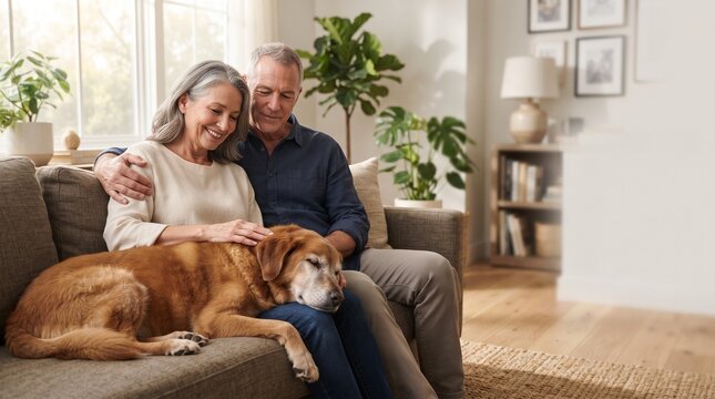 A happy senior couple with their beloved dog relax on a comfortable couch in a sunlit living room, embodying the warmth and comfort of domestic life and companionship.