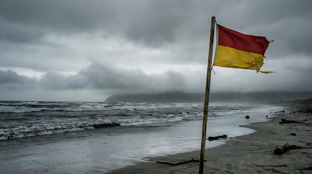 Red and yellow flag on pole at stormy beach