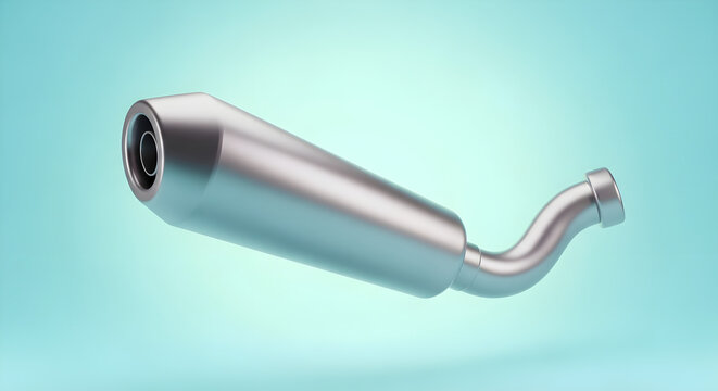 Shiny silver motorcycle exhaust pipe and muffler on a light blue studio background