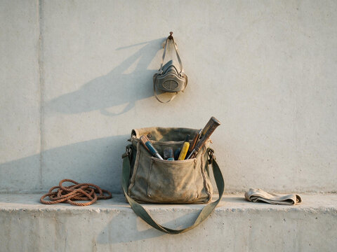 Canvas tool bag and respirator mask on a concrete wall. Construction worker safety equipment and manual labor gear