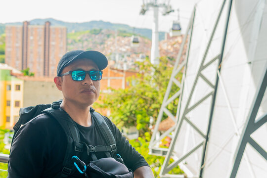 Traveler visiting medellin metrocable station in colombia