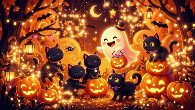 Cute black cats and friendly ghost surrounded by glowing jack-o-lanterns in enchanted autumn forest. Festive spooky scene for holiday cards and decorations