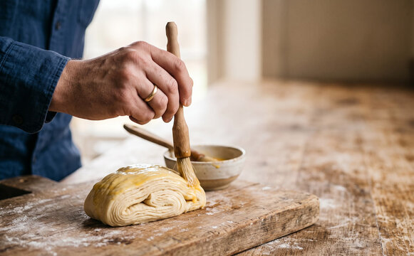 Close up of male baker brushing egg wash on laminated pastry dough on wooden board in kitchen