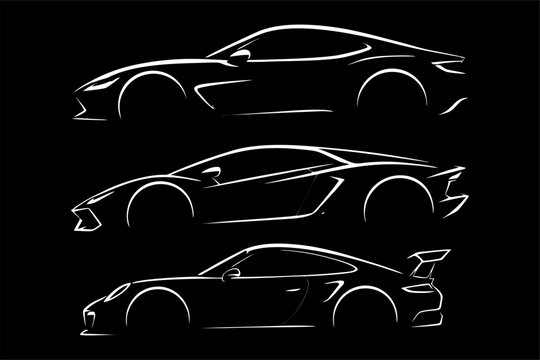 Three minimalist sports car silhouettes in white vector line art on a black background, featuring sleek, modern, and aerodynamic automotive designs.