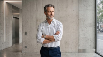 Fototapeta premium Confident mature businessman standing with arms crossed in modern concrete office lobby