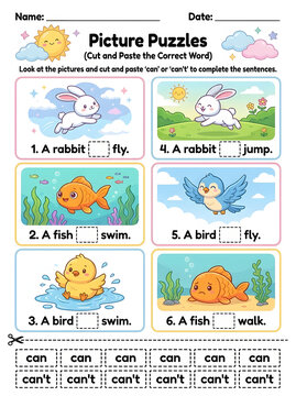 Picture puzzles worksheet for kids with animals and cut and paste words