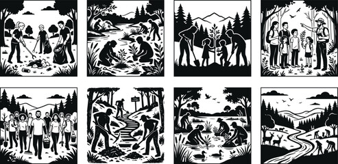Fototapeta premium Environmental conservation volunteers illustration set featuring park cleanup, tree planting, forest trail work, and guided nature tour