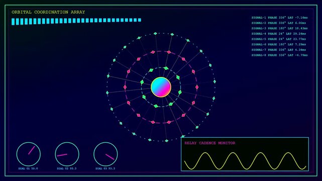 a swarm coordination display shows circular orbital grid patterns with pulsing glowing signal markers and oscillating waves inside a dark interface for scientific data analysis