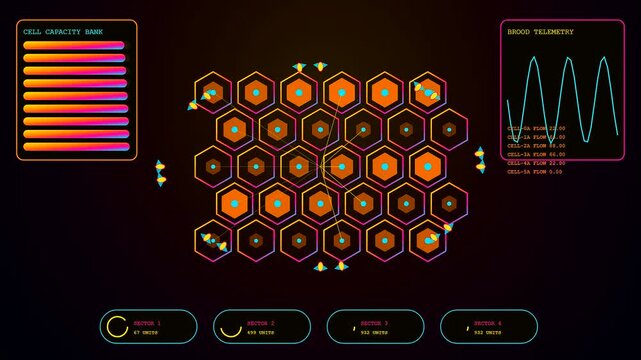 Abstract swarm coordination displays digital hexagonal patterns with orange icons and data flow charts illuminated on a dark background showing simulated network connectivity for system monitoring