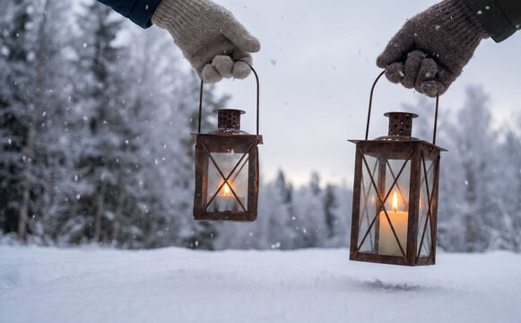 Two gloved hands holding burning lanterns in a snowy winter forest landscape concept