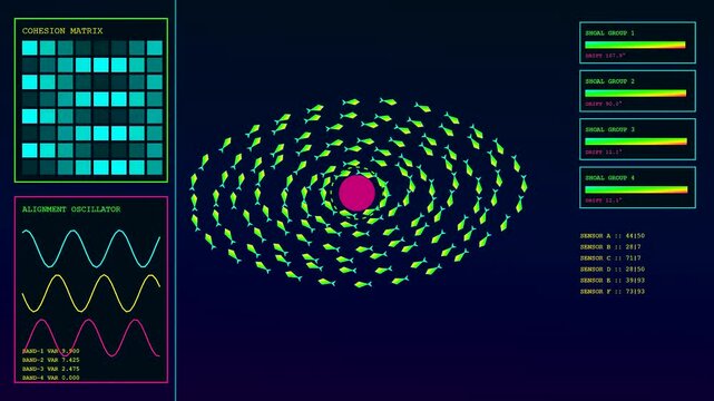 Digital swarm coordination displays floating circular geometric patterns with neon lines and glowing circular nodes for complex mathematical data modeling in a dark virtual interface environment