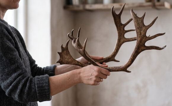 Woman holding large deer antlers in hands, rustic interior decoration and wildlife taxidermy concept
