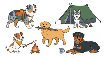 Fototapeta premium A set of cartoon dogs enjoying outdoor camping activities, including a tent, campfire, backpack, and hiking gear on white background