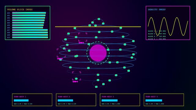 Swarm coordination displays rotate across three digital interfaces showing pulsating light nodes and waveform lines within a dark purple electronic space for data processing analysis