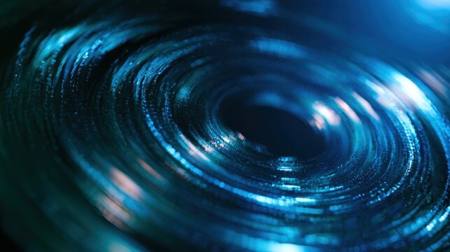 Abstract digital composition, concentric circles of blue and teal light, distorted by sharp pixelated edges, creating a technological warp effect, grain texture, deep blue background
