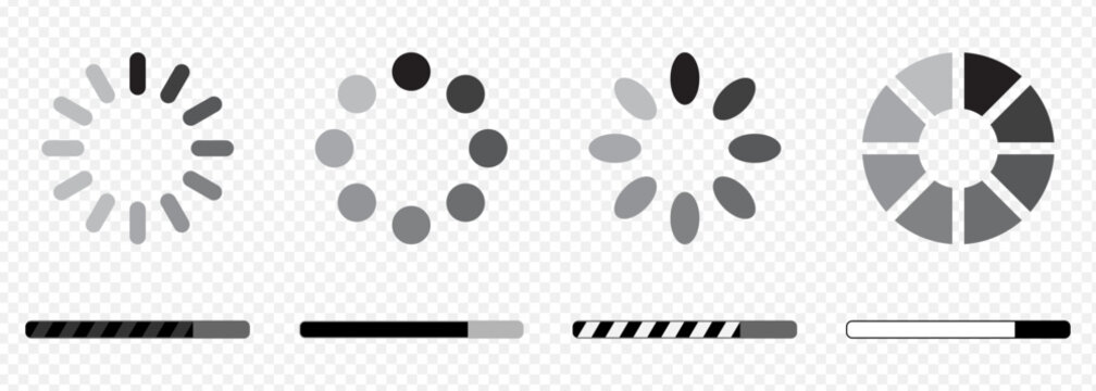Loading bar and spinner icon vector set displays circular preloader wheels and progress status bars. Monochromatic website buffering symbols are isolated on a transparent grid background.