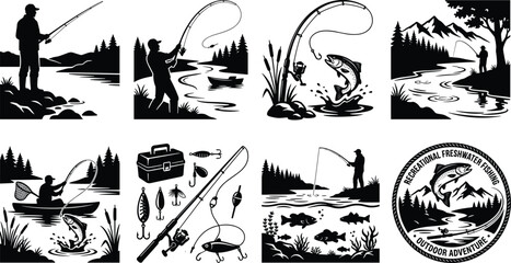 Recreational freshwater fishing set featuring fisherman silhouettes, trout catching bait, fishing gear, lake landscapes, and outdoor adventure badge © MdSagor