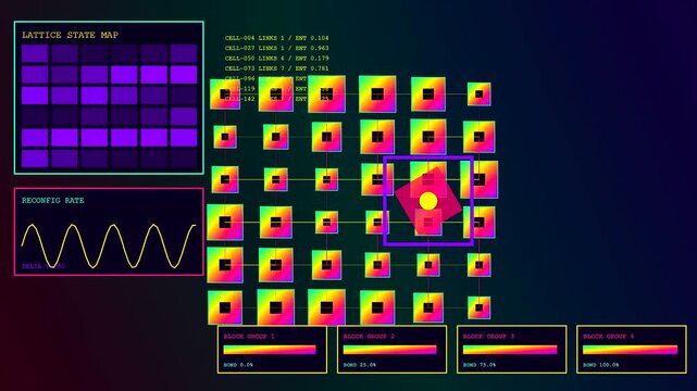 Swarm coordination displays pulsing geometry within a dynamic digital environment showing evolving grid patterns and oscillating light waves in a complex array of interactive modular blocks