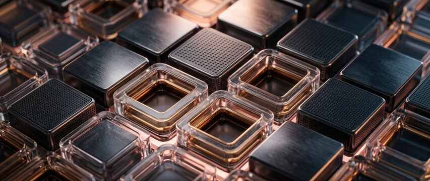 Abstract futuristic 3D grid of metallic and glass modules with glowing golden cores and textures.