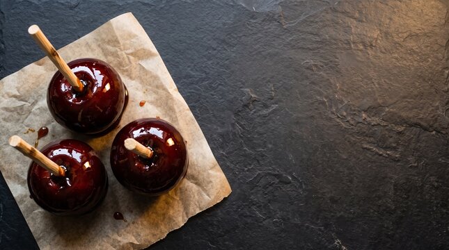 Homemade candy apples with wooden twigs cenital flat lay