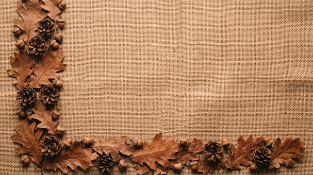Oak leaves and acorns frame flat lay on burlap background