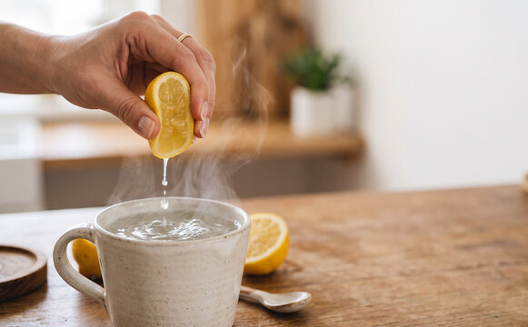 Woman squeezing fresh lemon into a hot cup of steaming water for a healthy morning routine in the kitchen