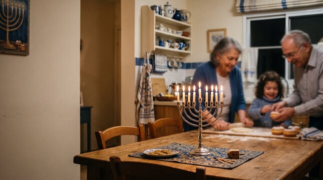 Family celebrating Hanukkah by lighting menorah and baking sufganiyot in a cozy kitchen