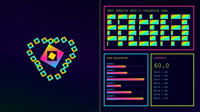 Abstract swarm coordination flows across triple monitor displays showing changing light patterns and graphical node data matrices in a darkened virtual workspace for digital research visualization