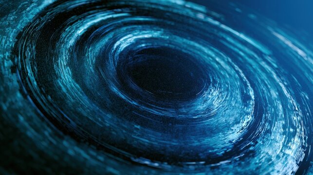 Abstract digital composition, concentric circles of blue and teal light, distorted by sharp pixelated edges, creating a technological warp effect, grain texture, deep blue background