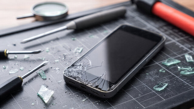 A damaged smartphone with a shattered glass screen lies on a black workbench mat surrounded by repair tools and sharp broken glass shards in workshop.