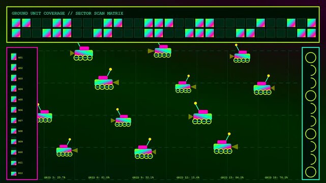 Swarm coordination displays animated tactical tank icons on a glowing digital map interface showing dynamic sensor readings and fluctuating unit status vectors across three active screen frames