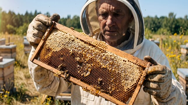 Senior beekeeper in protective mesh hood examining fresh honeycomb frame at outdoor apiary.