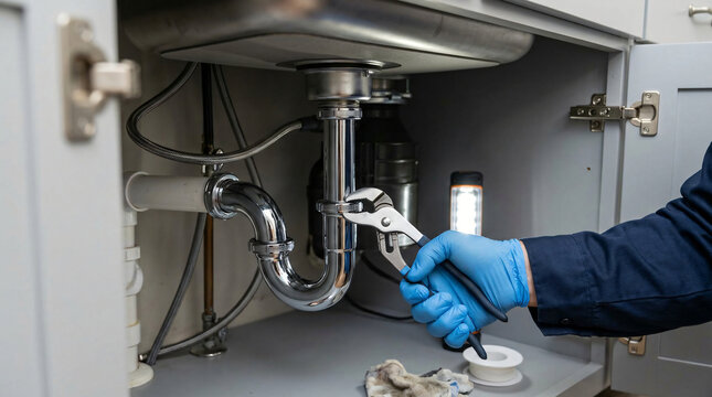 Professional plumber hand fixing chrome sink drain pipe siphon underneath kitchen counter clean household plumbing maintenance emergency service domestic repair concept background renovation unit