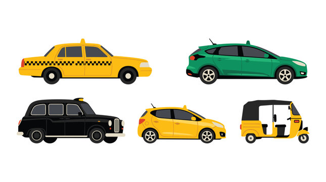 Set of flat depicting various types of vehicles including a yellow taxi, a green hatchback, a black sedan, and a rickshaw