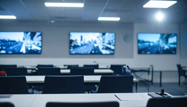 Conference room interior featuring rows of empty chairs facing large digital wall screens for business presentations and corporate training events