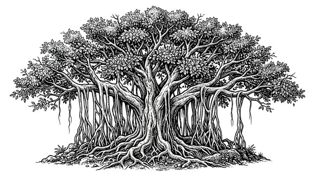 Banyan Tree Engraving Style