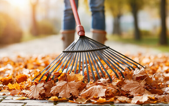 Person raking dry fallen leaves in autumn garden at sunset