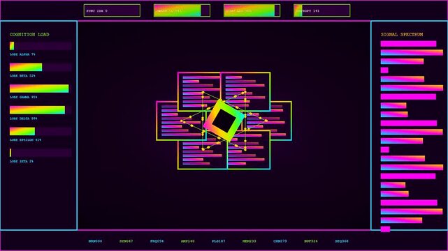 Swarm coordination is depicted through a complex digital interface featuring glowing geometric patterns and colorful data bars animating across a dark screen for analytical visual monitoring